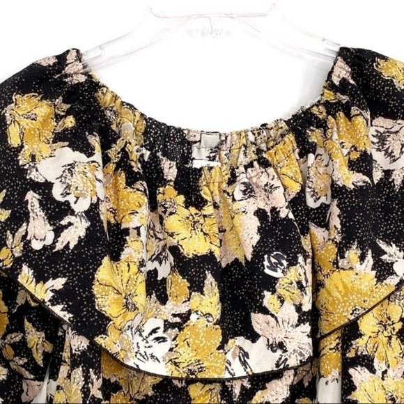 Aritzia Wilfred Yellow & Black Floral Ruffle Off Shoulder Blouse Textured Sz XXS - Picture 3 of 9